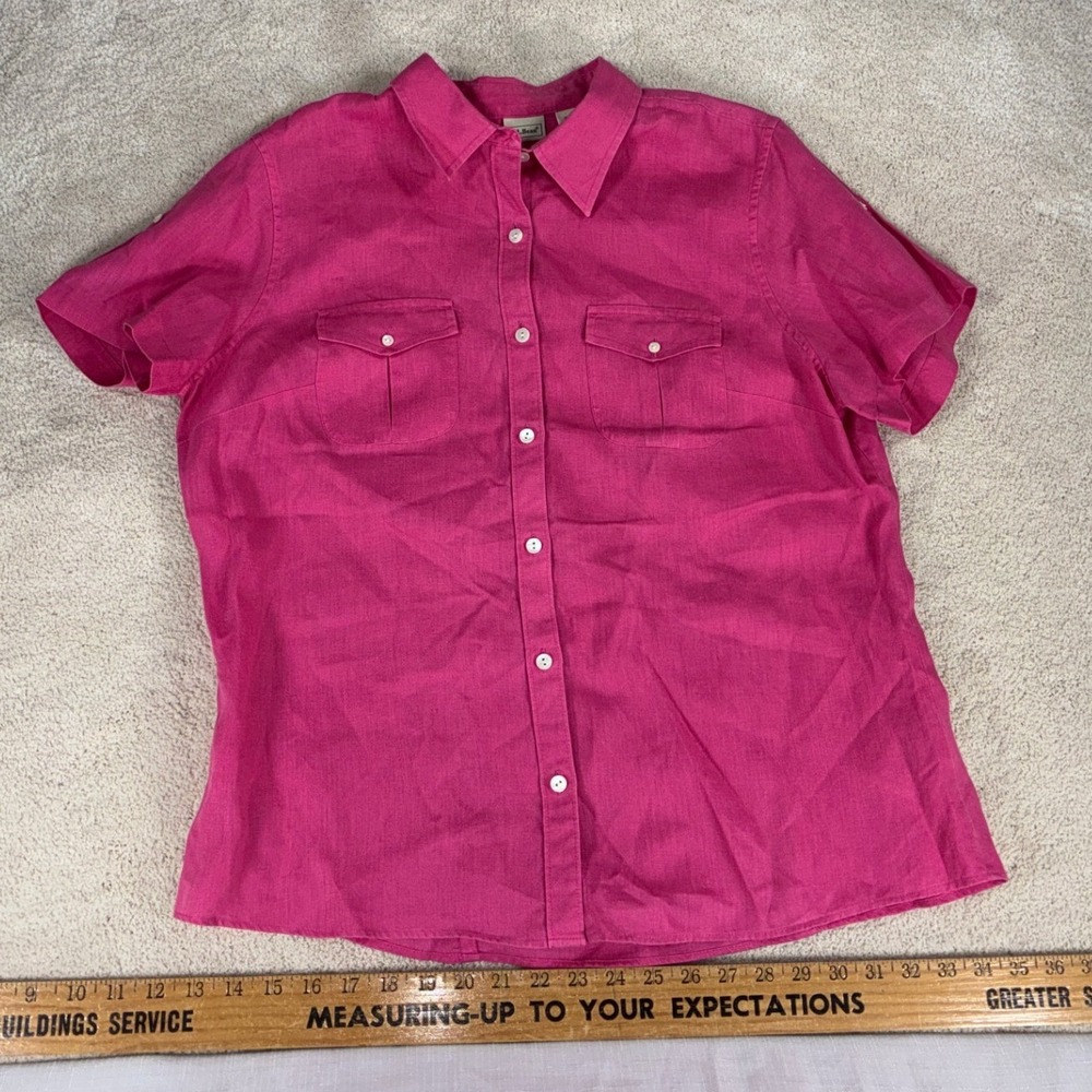 LL Bean Women Pink 100% Linen Short Sleeve Button Down Shirt Large 0GYB3